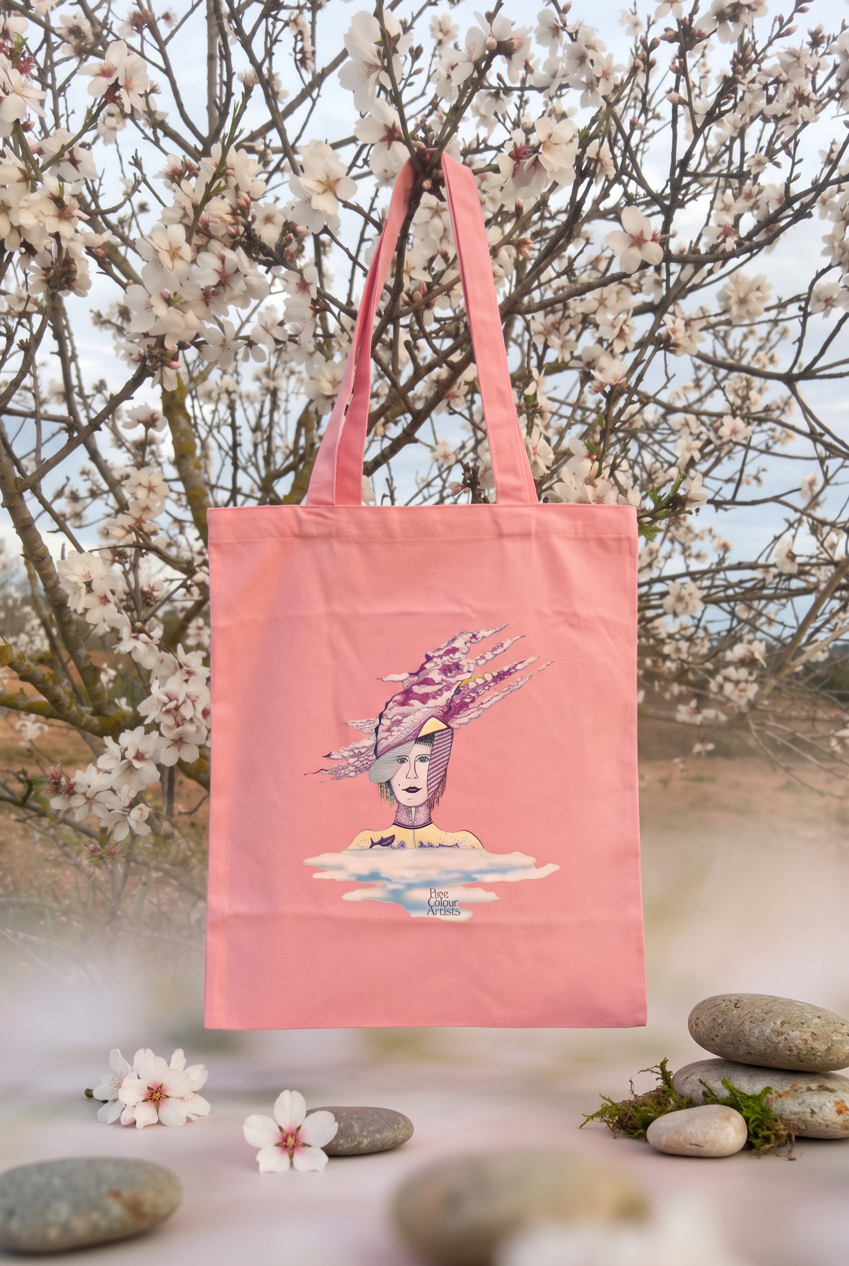 Bolsa de tela rosa ilustrada con la Flor de Cerezo