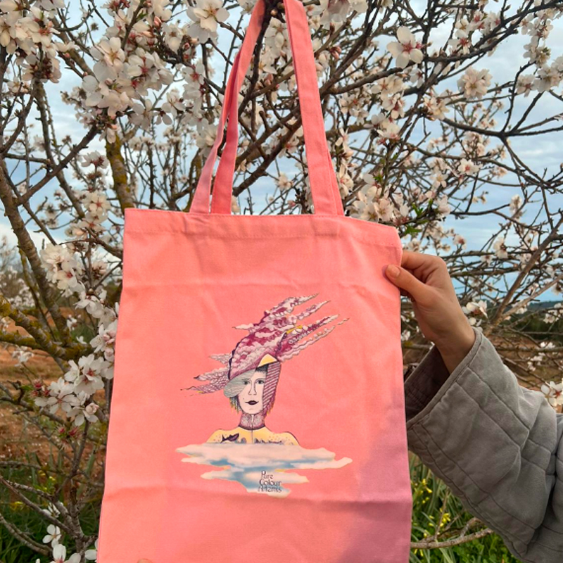 Bolsa de tela rosa ilustrada con la Flor de Cerezo
